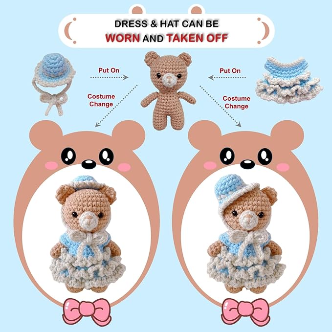 LoopMap Crochet Kit for Beginners - DIY Amigurumi Bear with Removable Dress & Accessories - Step-by-Step Video Tutorials, Extra Yarn, Crochet Tools, Handmade Gift for Kids & Adults (Bear K02, Blue)
