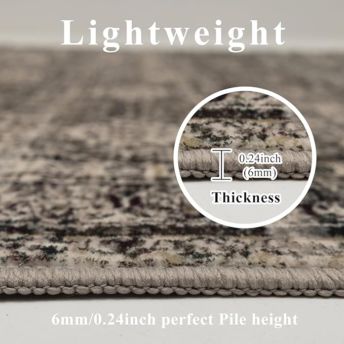 Washable Area Rugs 8x10, Large Rugs for Living Room, Carpet for Bedroom, Soft Faux Wool Retro Dining Room Rug, Non-Slip Backing Resistant Low Pile Vintage Print Rug for Home Office (Brown)