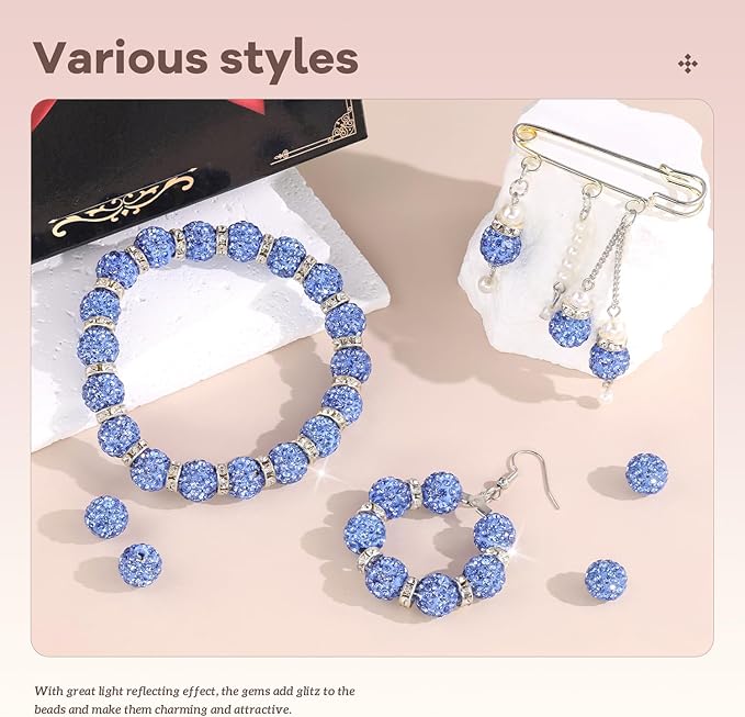 105pcs 10mm Rhinestone Beads for Jewelry Making, Light Blue Shiny Round Disco Ball Beads Bulk, Sparkle Crystal Clay Christmas for Bracelet Baseball Necklace Earring Crafting and DIY