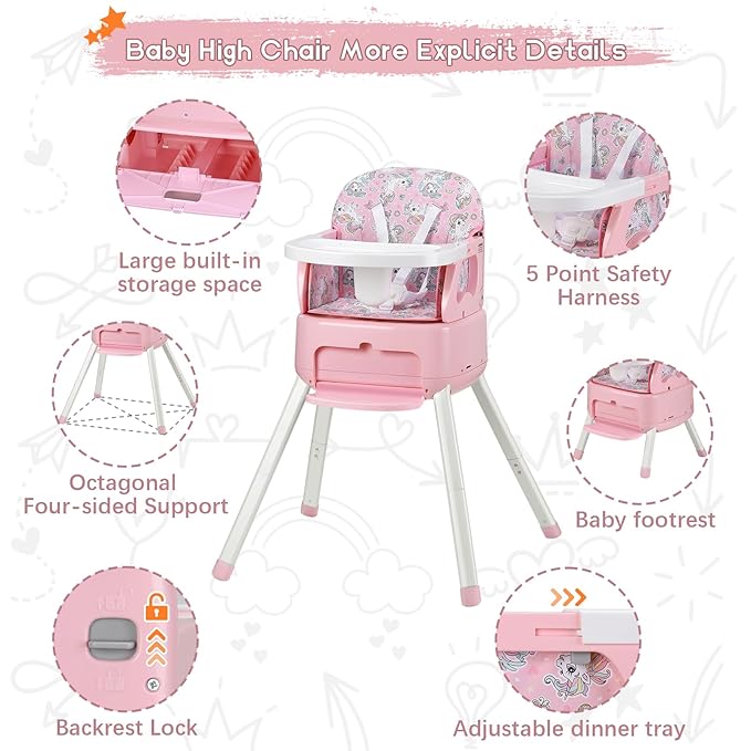 4 in 1 Portable Baby High Chair,Convertible Highchair for Babies & Toddlers-Foldable Infant Booster Seat,Carry Small Box,Dining Chair,Toddler High Chair with 5-Point Harness,Removable Tray-Pink