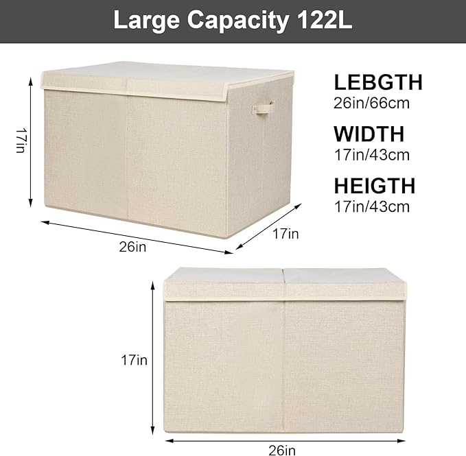 popoly 122L Large Toy Box Chest with Lid, Foldable Toy Storage Organizer Bin Boxes with Removable Divider for Kids, Boys, Girls, Nursery, Playroom, 26"x17" x17" (Linen Beige)