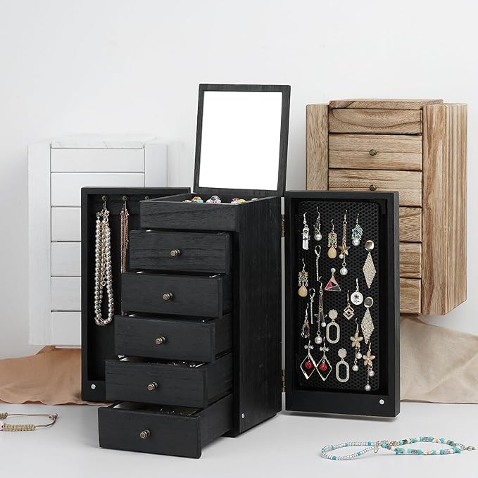 Meangood Jewelry Box Wood for Women, 6-Layer Large Organizer Box with Mirror & 5 Drawers for Rings, Earrings, Necklaces, Vintage Style, Black