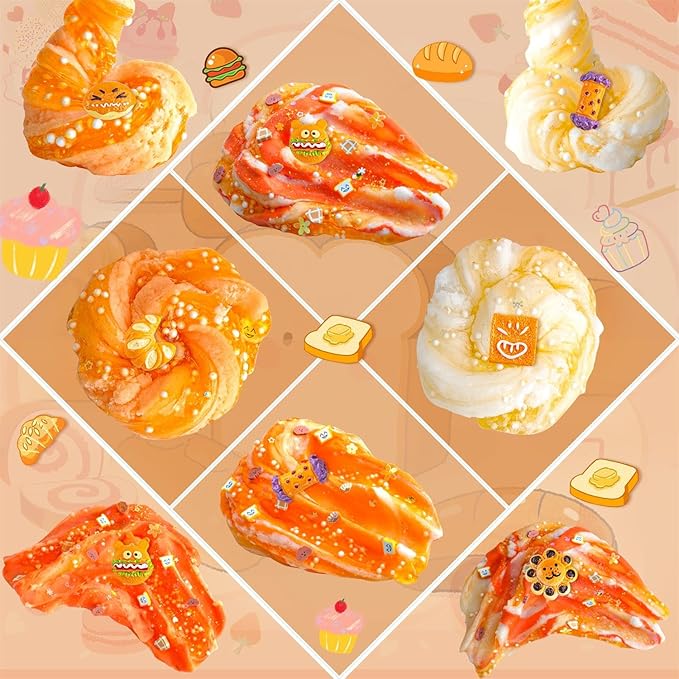 6 Packs Gradient Orange Slime Kit - Cloud Slime, Butter Slime & Clear Slime, Crunchy Slime for Kids with Various Slime Add-ins, Non Stick Slime Party Favors for Girls and Boys, 360ml Kids Slime(Bread)