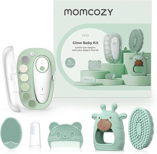 Momcozy Glow Baby Kit, Baby Shower & Registry Essential Kit for Grooming & Cleansing Care, Includes Electric Nail File, Teether, Bath Brush, Cradle Cap Brush,Comb, Finger Toothbrush,Newborn Must-Have