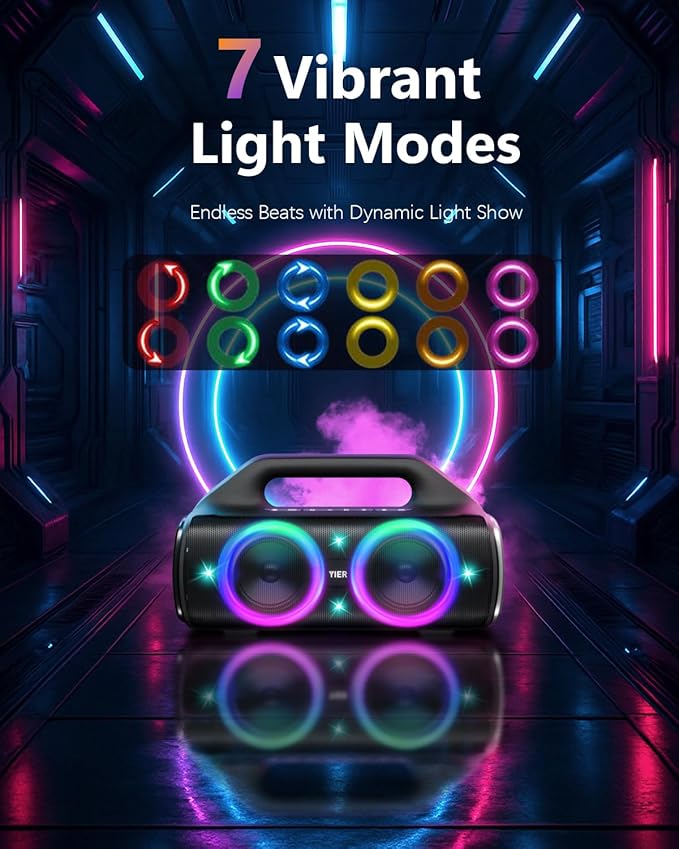 Speakers, 80w (Peak) Portable Wireless Speaker with Lights, Stereo Loud Sound, IP67 Waterproof, Deep Bass Outdoor Speakers Bluetooth 5.0 Dual Pairing for Home Party Beach Camping, Gifts