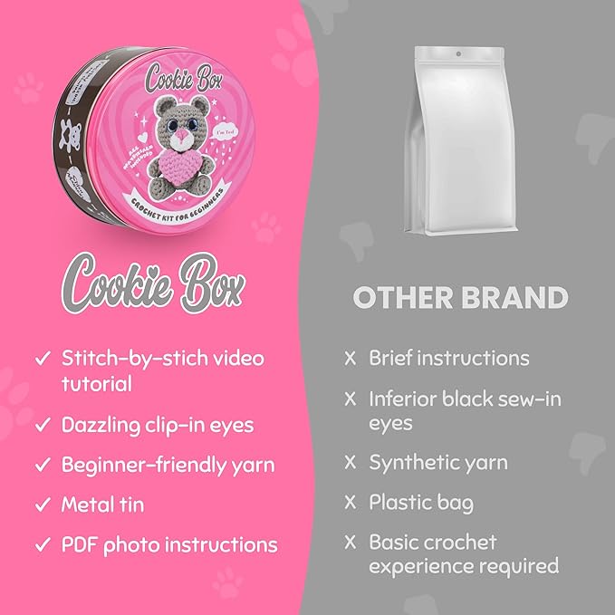 Cookie Box Crochet Kit for Beginners - Learn to Craft Amigurumi Stuffed Animals - Knitting Gift for Kids and Adults - Beginner-Friendly Yarn - Stitch-by-Stitch Video Tutorial - Bear Ted