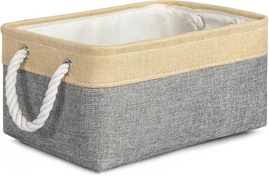 TheWarmHome Decorative Basket Rectangular Fabric Storage Bin Organizer Basket with Handles for Clothes Storage (Gold&Grey, Medium-1Pack,13.8L*9.8W*6.7H)