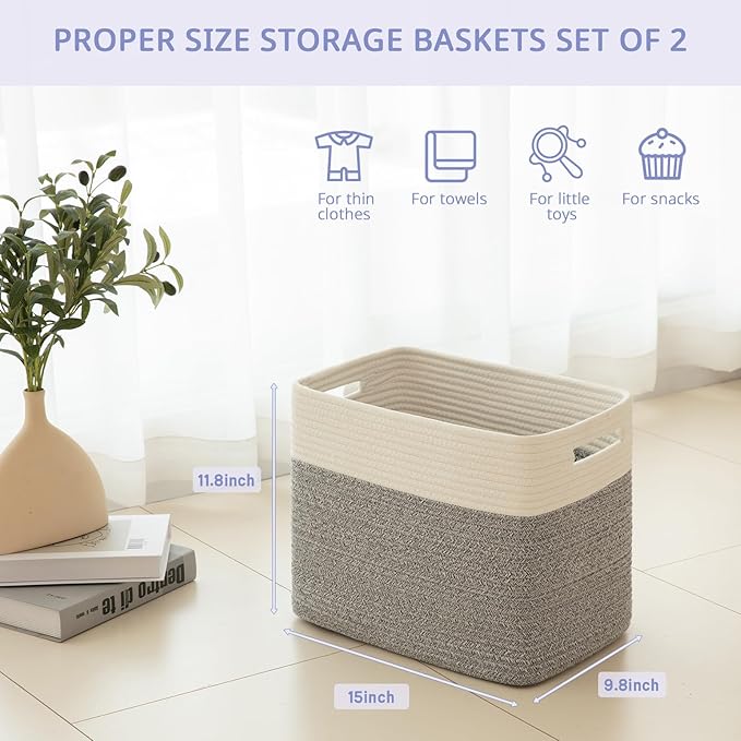 OIAHOMY Storage baskets for Shelf, Toy Storage Basket, Collapsible Storage Bins, Blanket Basket Living Room, Closet Storage for Bedroom, 15 x 9.8 x 11.8 Inches-Pack of 2-Grey, FSB-H-P-01