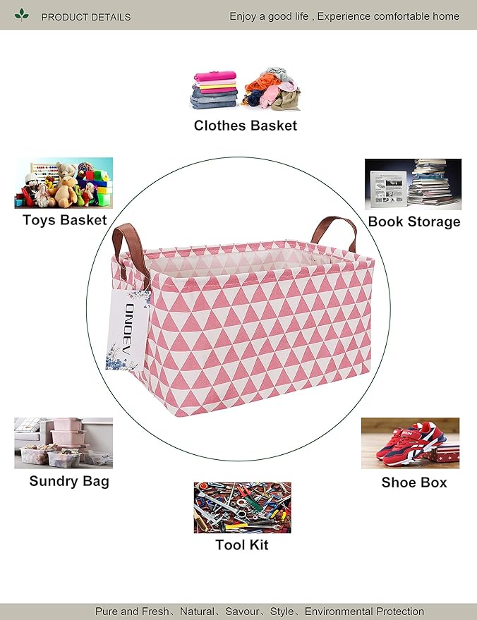 Rectangular Fabric Storage Box, Decorative Basket and Finishing Basket with Handle are Used for The Storage of Clothes, Books and Sundries(Pink Triangle) 1