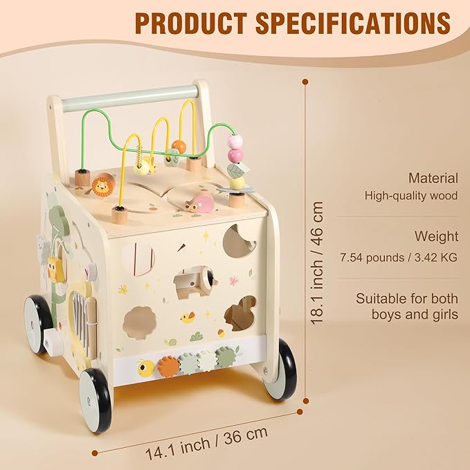 Wooden Activity Cube Push Walker, Wooden Baby Walker, Montessori Push Toys for Babies Learning to Walk & Sit-to-Stand