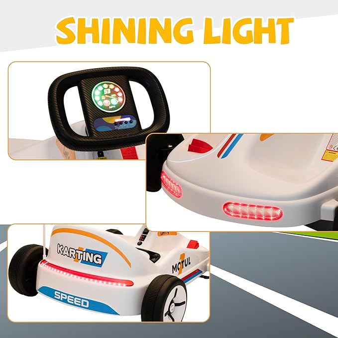 TOBBI 12V Electric Go Kart for Kids Battery Powered Ride on Car Outdoor Race Toy with Remote Control, Safety Belt, Music, LED Lights and Flags for Toddlers 3-8 Years, White