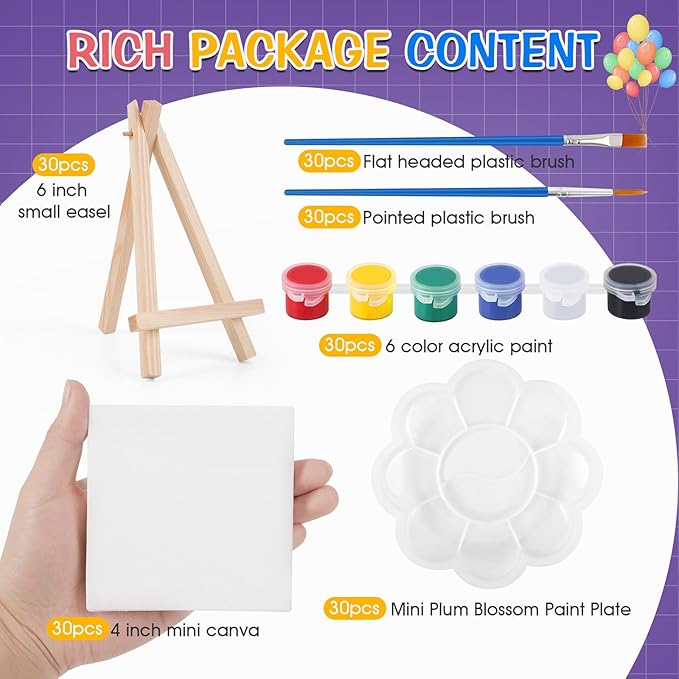 ESRICH 30Pack Mini Acrylic Paint Kit,Canvas Painting Kit,4inStretched Canva with6in Easel,Acrylic Paint Strips,Palettes,Painting Brushes,Canva and Easel Set for Kids Artists Beginner,Gift