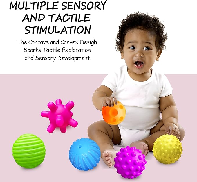 Baby Textured Multi Sensory Toys Massage Ball Gift Set BPA Free for Toddlers 1-3 Soft Balls Montessori Infant Baby Toys 6 to 12 Months 6 Pack
