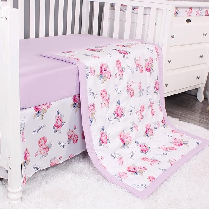 Belsden Floral 3 Piece Crib Bedding Set for Baby Boys Girls, Classic Nursery Bedding Essential Including Comforter, Crib Sheet and Crib Skirt, Ultra Soft Cozy, Floral Purple