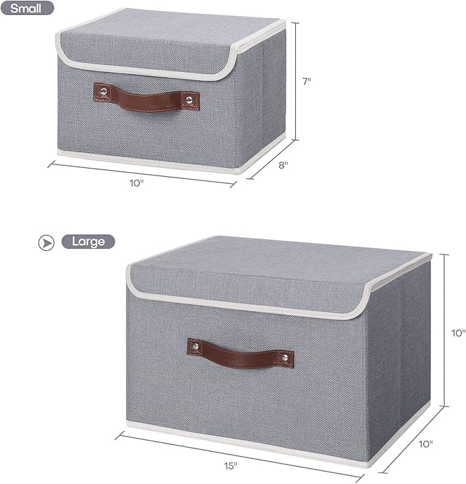 ANMINY 2PCS Storage Bins with Lid PU Leather Handles Storage Boxes PP Plastic Board Decorative Foldable Lidded Cotton Linen Fabric Home Cubes Baskets Closet Organizer Containers - Gray, Large Size