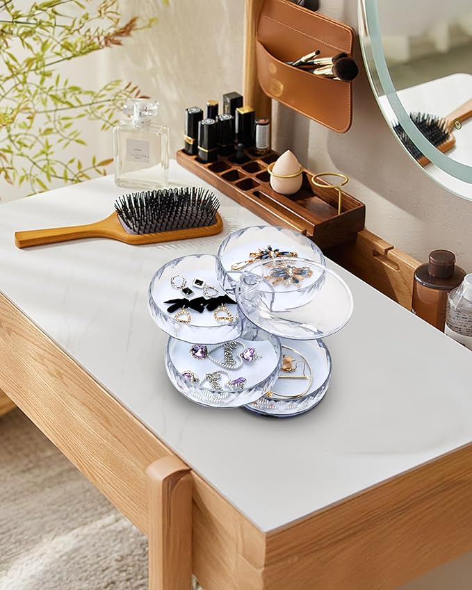 CONBOLA Acrylic Jewelry Organizer, Small Storage Box Jewelry Earring Holder for Women, 5-Layer Rotating Travel Jewelry Tray Case with Lid for Bracelet