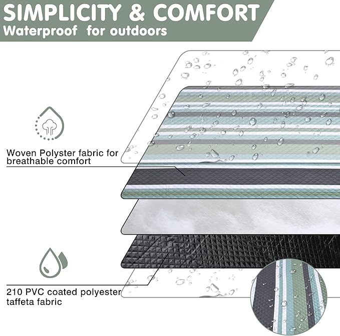 Waterproof Picnic Blanket 80" x 80" in Portable with Carry Strap for Beach Mat or Family Outdoor Camping Party, Park Blanket for Grass Park, Hiking, Travel, Concerts (Green&White, 80" x 80")