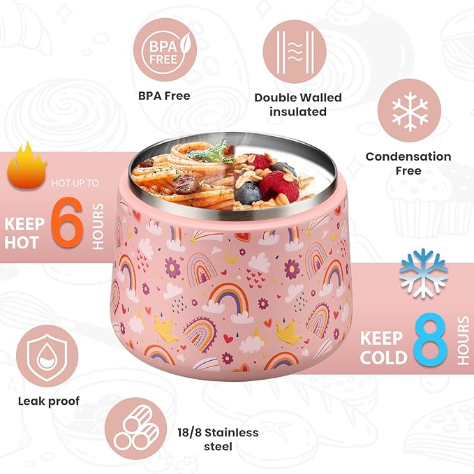 Soup Thermo for Hot Food Kids 14oz Lunch Containers with Buckle Lid Wide Mouth Hot Food Jar Vacuum Insulated Stainless Steel Bento Box Leakproof with Spoon(Rainbow)
