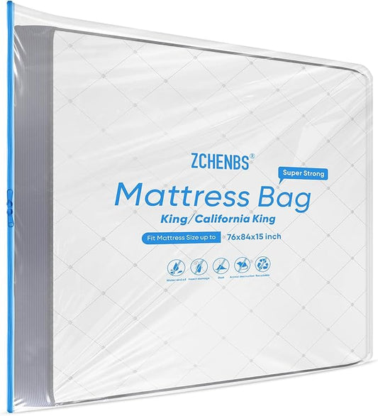 ZCHENBS® – Mattress Bags for Moving and Storage,Mattress Bag with Zippers,5 Mil Ultra-Thick Bed Bag,Waterproof,Anti-Tear,Heavy-Duty Mattress bag (Transaparent/Blue, King/California King-(2 Pack）)