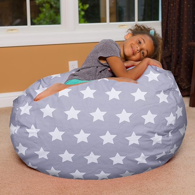 Posh Creations Bean Bag Chair for Kids, Teens, and Adults Includes Removable and Machine Washable Cover, Canvas White Stars on Gray, 38in - Large