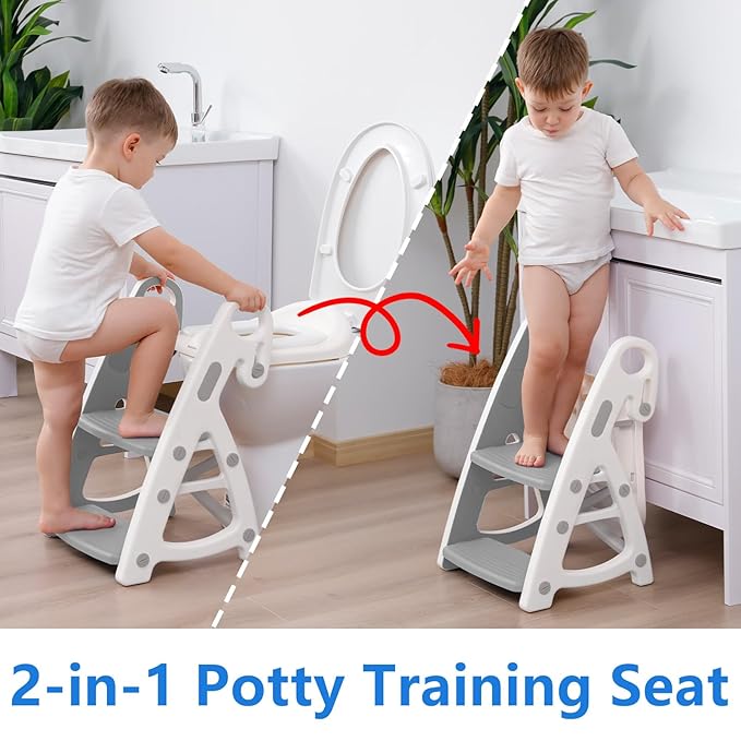 Potty Training Seat: 2 in 1 Design Potty Seat for Toilet & Nursery Step Stool for Sink Potty Training Toilet with Height Adjustable Ladder for Kids of All Ages (Gray)
