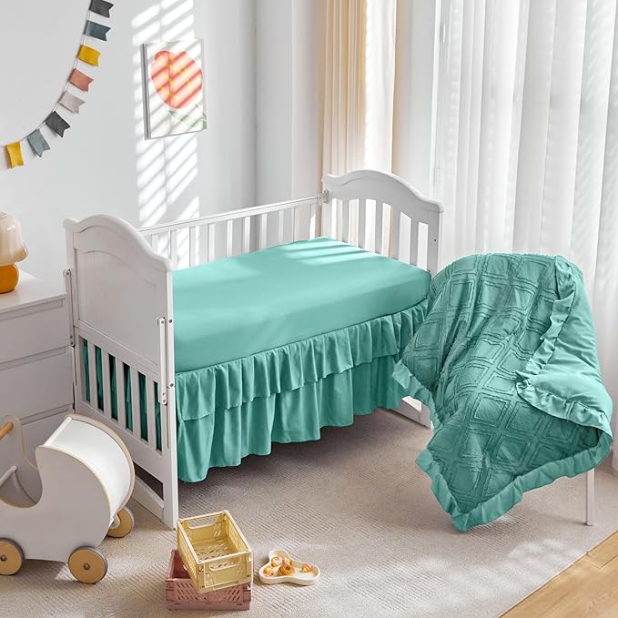 Tufted Ruffle Crib Bedding Set 3 Pieces Baby Girls Boys Boho Quilted Comforter with Fitted Sheet and Bed Skirt - Cute Ruffled Shabby Chic Baby Bedding Soft Blanket Design Teal Blue