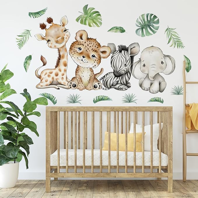 44.88 x22.98 Inch Watercolor Jungle Animal Wall Decals - Tiger, Elephant, Zebra Peel & Stick Wall Art Stickers for Baby Nursery, Playroom, Bedroom, Classroom & Kindergarten Decor