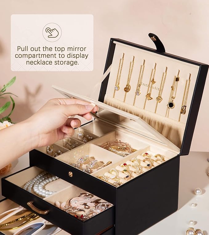 Black Jewelry Box Organizer: Home Decor for Women - 2-Drawer Holder for Valentine’s Day Birthday Christmas Black Grey-Blue