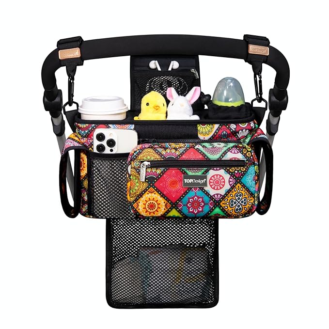 TOPDesign Universal Baby Stroller Organizer, Stroller Caddy with Detachable Mesh Bag & Heightened Insulated Cup Holders & Non-Slip Secure Hooks Accessories, Fits Most Strollers (Yoga)