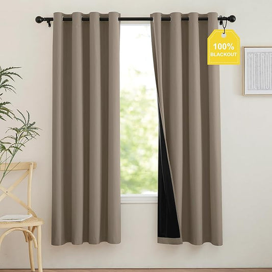 NICETOWN 100% Blackout Tan Curtains for Travel, Grommet Lightweight Portable Window Treatments Thermal Curtains Easy to Install for Living Room/Bedroom, W52 x L72, 2 Panels