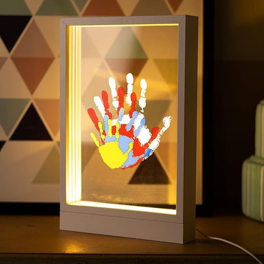 CHERRY CHEERS Family Handprint Kit with Light, Handprint Keepsake Frame, Wooden Led Light, Easy Install, No Need Screw etc, Non-Toxic Paints (White)