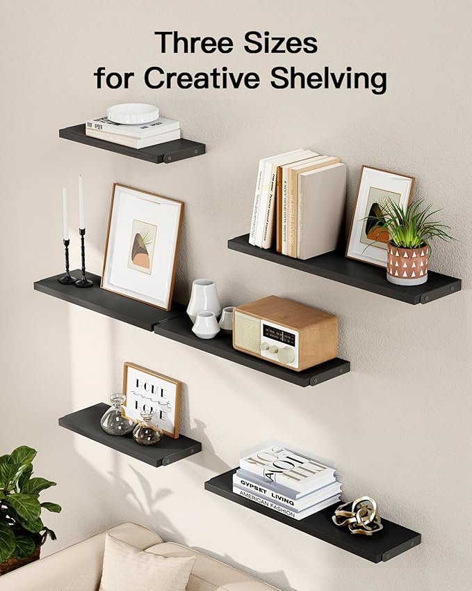 AMADA HOMEFURNISHING Wall Shelves Set of 6, Wood Floating Shelves for Decor, Rustic Farmhouse for Bedroom, Bathroom Storage, Book Shelves for Living Room, Black