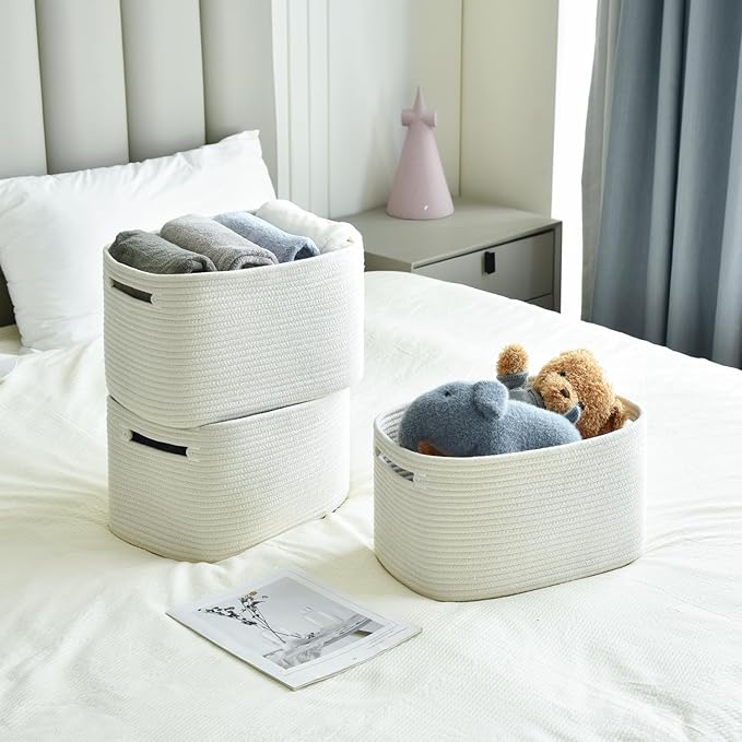 Storage Basket - Woven Cotton Rope Baskets for Organizing, Decorating Shelves, Books, Towels, Toys - 3 Pack - White