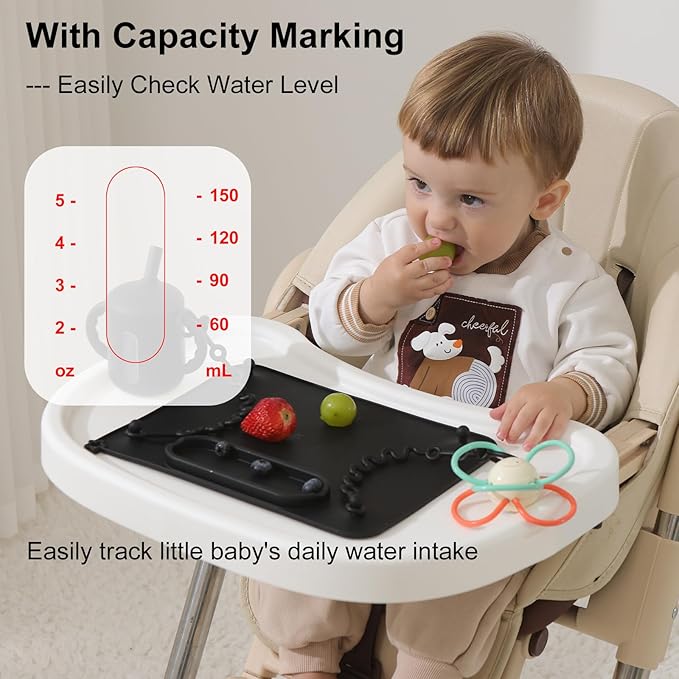 Seposeve 2 Pack Silicone Sippy Cups, Leak-Proof Baby Straw Cup for 6-12 Months, Spill Proof Toddler Cup with Straw 1-3 Years, with Capacity Marking, Non-slip Handle, Flow Control, 6 oz, 2 Black