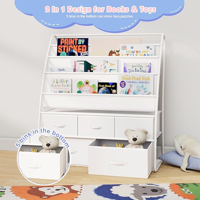 NACHES 3-Tier Kids Bookshelf with 5 Fabric Drawers, Metal Toy Storage Organizer for Kids Room, Living Room & Study Room, White (White)