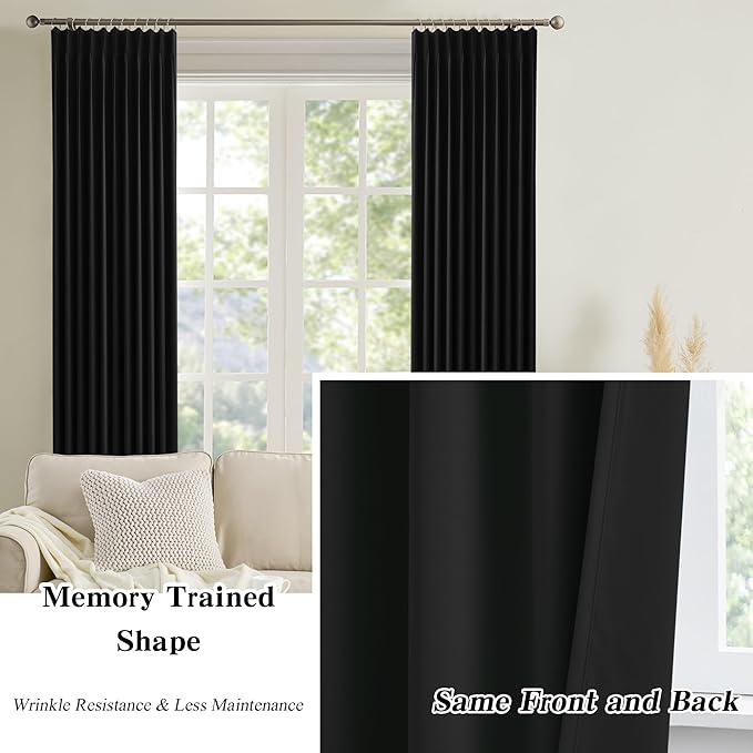 KEQIAOSUOCAI 72 Inch Wide Black Pinch Pleated Curtains 72 x 108, Thermal Insulated Noise Cancelling Living Room Office Drapes 108 Inches Long, Patio Sliding Glass Door Window Curtain 2 Panels
