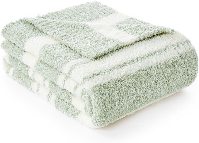 Snuggle Sac Stripe Sage Green Throw Blanket for Couch, Super Soft Warm Blankets Cozy Knit Fuzzy Plush Lightweight Throws for Sofa, Bed,Living Room, Stripe Green, 50x60 inches