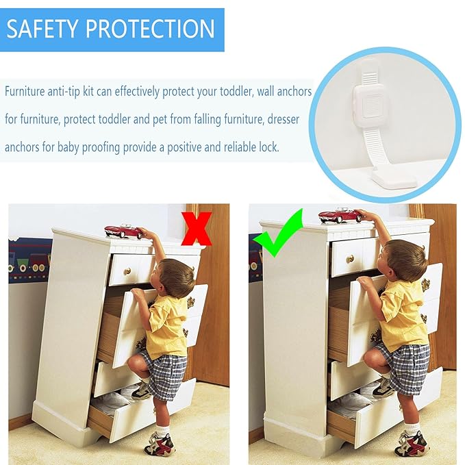 YEYA Upgraded No Drill Furniture Anchors for Baby Proofing, Anti-Tip Adjustable Straps, 2 Pack