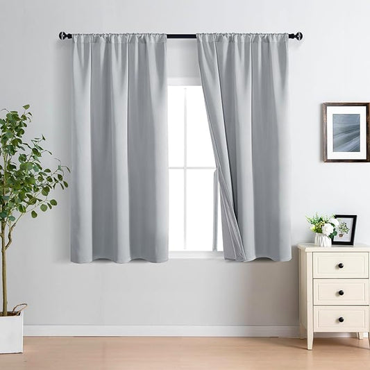 XWZO 100% Blackout Window Curtains - Rod Pocket Thermal Insulated & Completely Room Darkening Black Liner Window Panels with Tiebacks for Bedroom/Living Room, Light Grey, W42 x L54, Set of 2