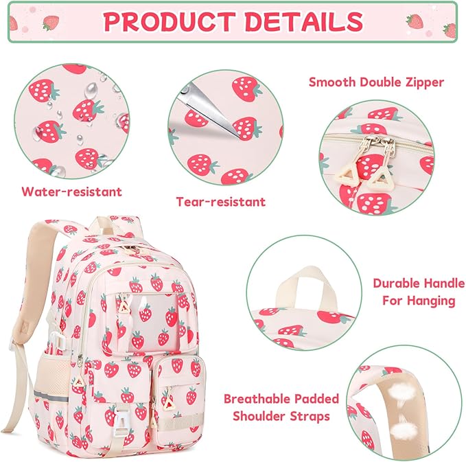 Backpack for Girls 3pcs Set Kids Backpack with Lunch Box Students Kawaii Book Bag for Elementary Primary Middle School Bags - Ita Backpack - Strawberry