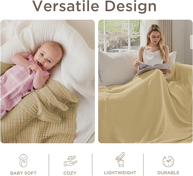 Threadmill Summer Muslin Blankets Queen Size | 100% Cotton 4 Layer Gauze Blanket | Soft, Breathable and Cozy Blanket | Cozy, Lightweight Blankets for Bed Seasons | Beige