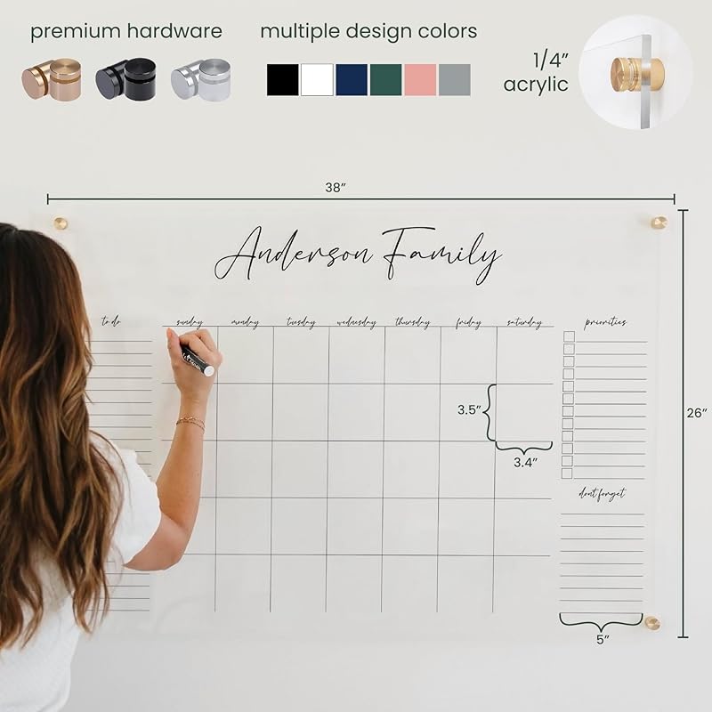 Personalized Clear Acrylic Calendar for Wall, Calendar Whiteboard for Wall, Dry Erase Wall Calendar, Wall Calendar Organizer System for Home (Cursive, Navy, 38"W x 26"H)