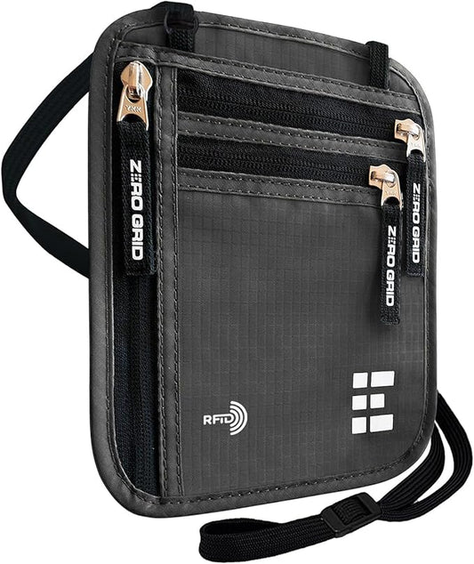 Neck Wallet for Travel & Passport Holder with RFID Blocking - Slim & Easy to Conceal Nylon Travel Pouch for men & women - Holds Phone, Cash, Cards, Keys - Sweat & Water Resistant - Large - Dark Grey