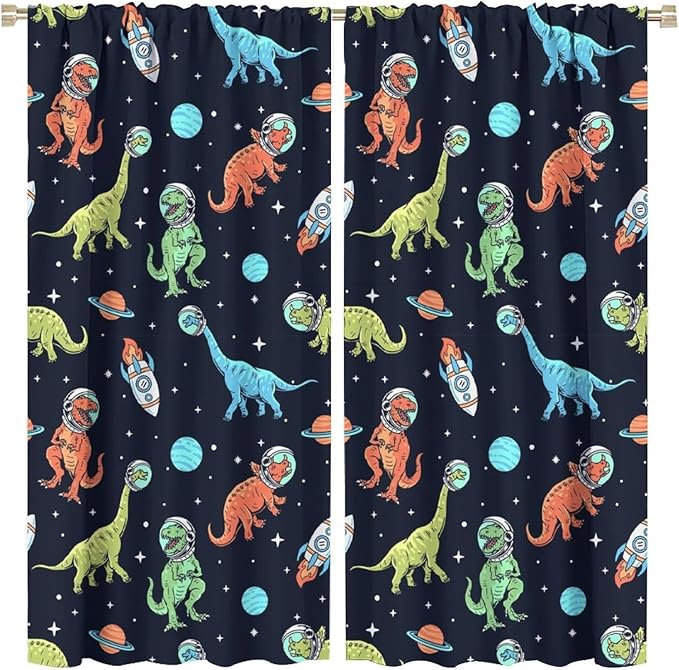 Cartoon Dinosaur Curtains for Kids Boys Girls Home Decor, Astronaut Rocket Funny Outer Space Blackout Rod Pocket Window Drapes for Bedroom Living Room W21xL45in Decor