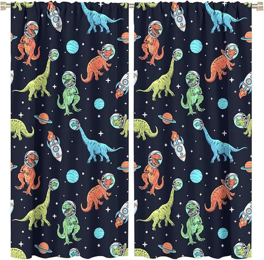 Cartoon Dinosaur Curtains for Kids Boys Girls Home Decor, Astronaut Rocket Funny Outer Space Blackout Rod Pocket Window Drapes for Bedroom Living Room W21xL54in 2 Panels