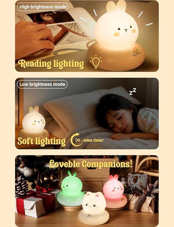 Kids lamp, Bunny Night Light, Toddler Night Light, Rechargeable & Dimmable with 30 mins Timer Function, Safe Silicone Material for Kids to Play with,【9 Colors】