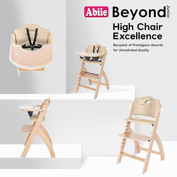 Abiie Beyond Junior Wooden High Chair with Tray - Adjustable and Convertible High Chair for Babies and Toddlers - 6 Months to 250 Lb - Water Resistant - Natural Wood with Beige Cushion