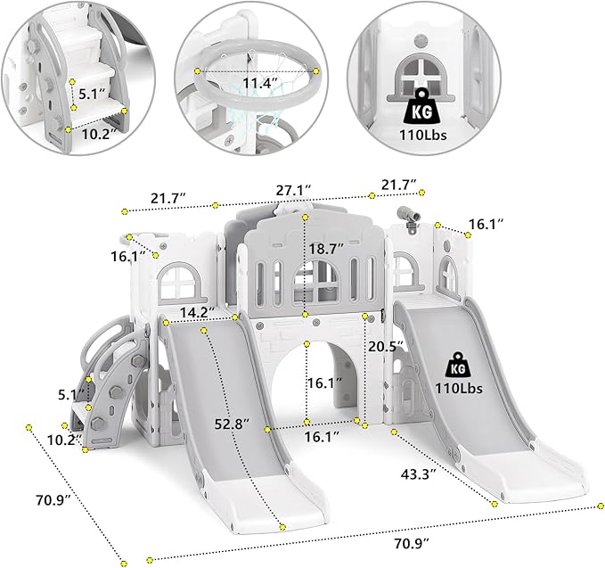 JOYLDIAS 9 in 1 Toddler Slide, Toddler Playground with Double Slides, Climber,Basketball Hoop,Tunnel, Telescope, Storage Space and Non-Slip Step, Indoor Outdoor Backyard Playset for Toddlers Age 1-3+