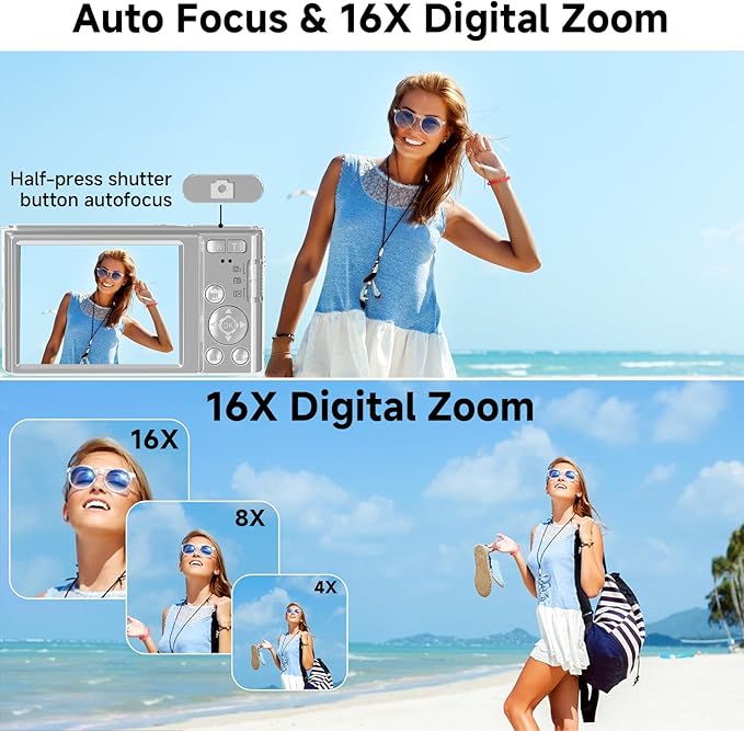 Digital Camera, FHD 4K 44MP Digital Camera, 16X Digital Zoom, Digital Point and Shoot Camera with 3-LED Fill Lights, 64GB SD Card, Compact Camera for Kids Teen Boys Girls, Sliver