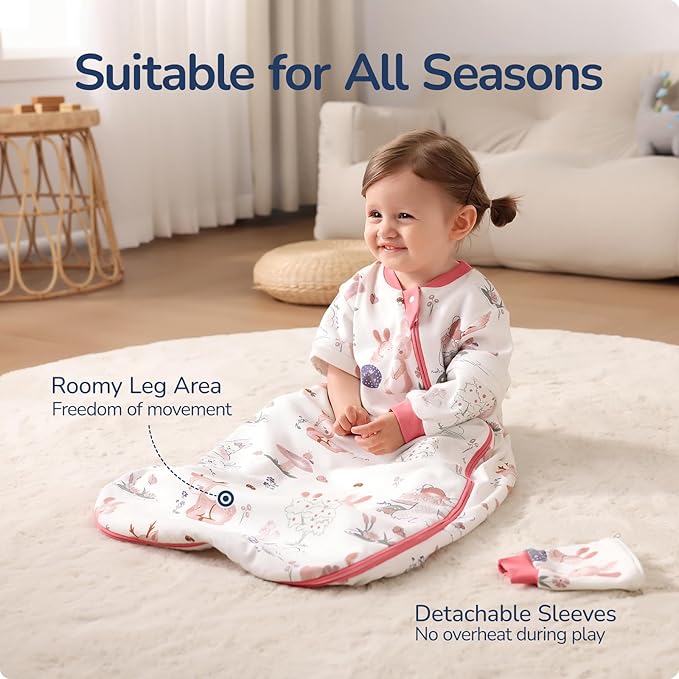 Baby Sleep Sack 12-18 Months, Cotton Detachable Long Sleeve Sleep Sack, 2.5 Tog Toddler Sleeping Sack with Temperature Strips, 2-Way Zipper Wearable Blankets for Newborns, Bunny